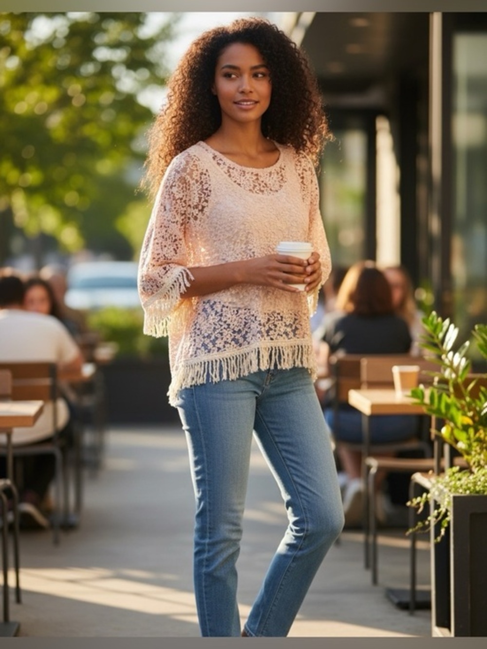 Patterson J Kincaid sheer short ladies blouse with fringe ivory color. Adorable